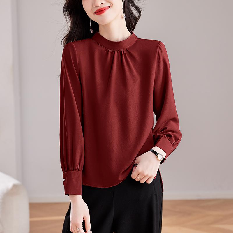 春 コーデ レディース ファッション オシャレ カワイイ シンプル きれいめ ナチュラル 上品カジュアル 婦人服 スタンドカラー 長袖 シャツ ジャカード