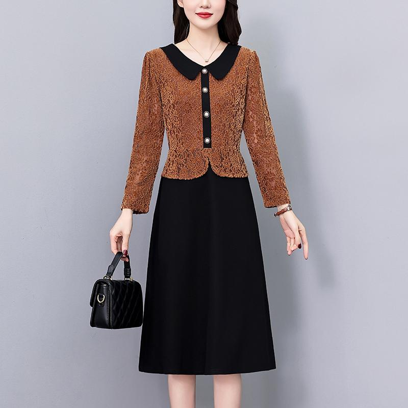 春 コーデ レディース ファッション オシャレ カワイイ シンプル きれいめ ナチュラル 上品カジュアル 婦人服 レース フェイク ツーピース Aライン スカート 洋風 長袖 ドレス ロング