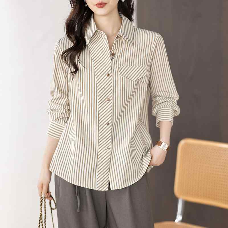 春 コーデ レディース ファッション オシャレ カワイイ シンプル きれいめ ナチュラル 上品カジュアル 婦人服 フレンチ ストライプ 長袖 シャツ トップス