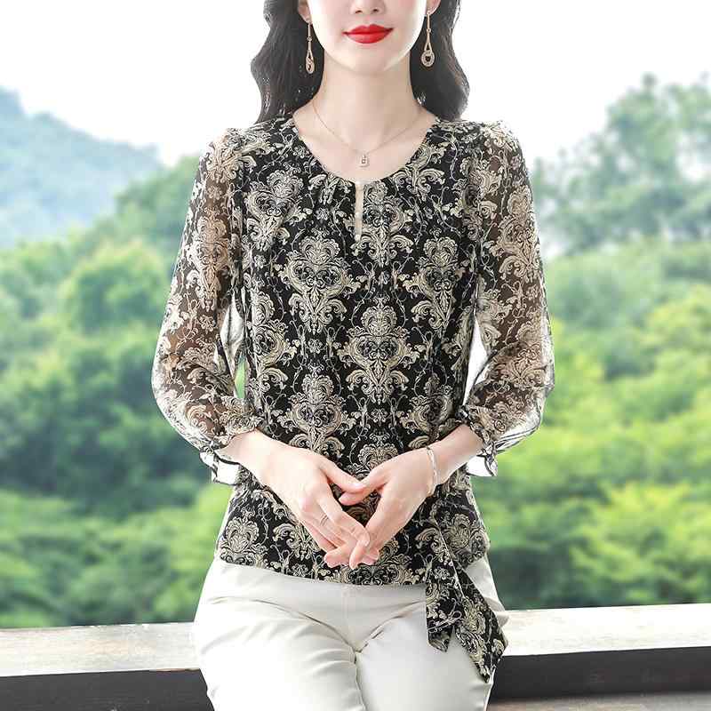 春 コーデ レディース ファッション オシャレ カワイイ シンプル きれいめ ナチュラル 上品カジュアル 婦人服 七分袖 花柄 シフォンシャツ スリム 快適 トップス