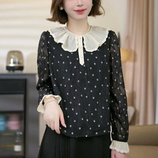 春 コーデ レディース ファッション オシャレ カワイイ シンプル きれいめ ナチュラル 上品カジュアル 婦人服 黒 シャツ レース ドット 長袖 トップス 春 コーデ レディース ファッション オシャレ カワイイ シンプル きれいめ ナチュラル 上品カジュアル 婦人服 黒 シャツ レース ドット 長袖 トップス