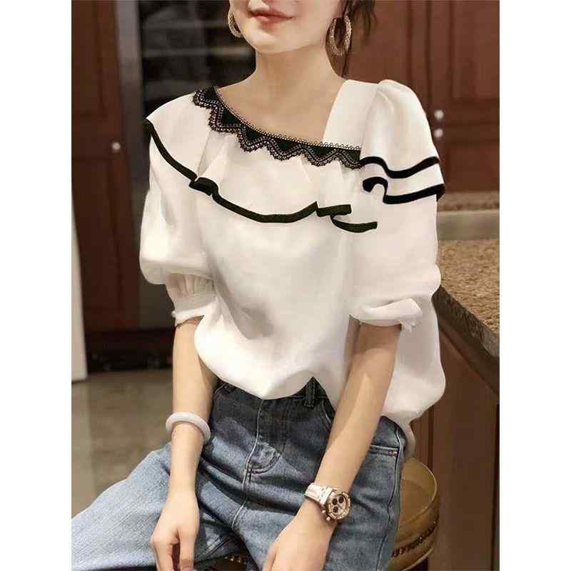 Long-Sleeved - 春 コーデ レディース ファッション オシャレ カワイイ シンプル きれいめ ナチュラル 上品カジュアル 婦人服 パフスリーブ シフォンシャツ レース 長袖 ランタン スリーブ トップス フリルシャツ