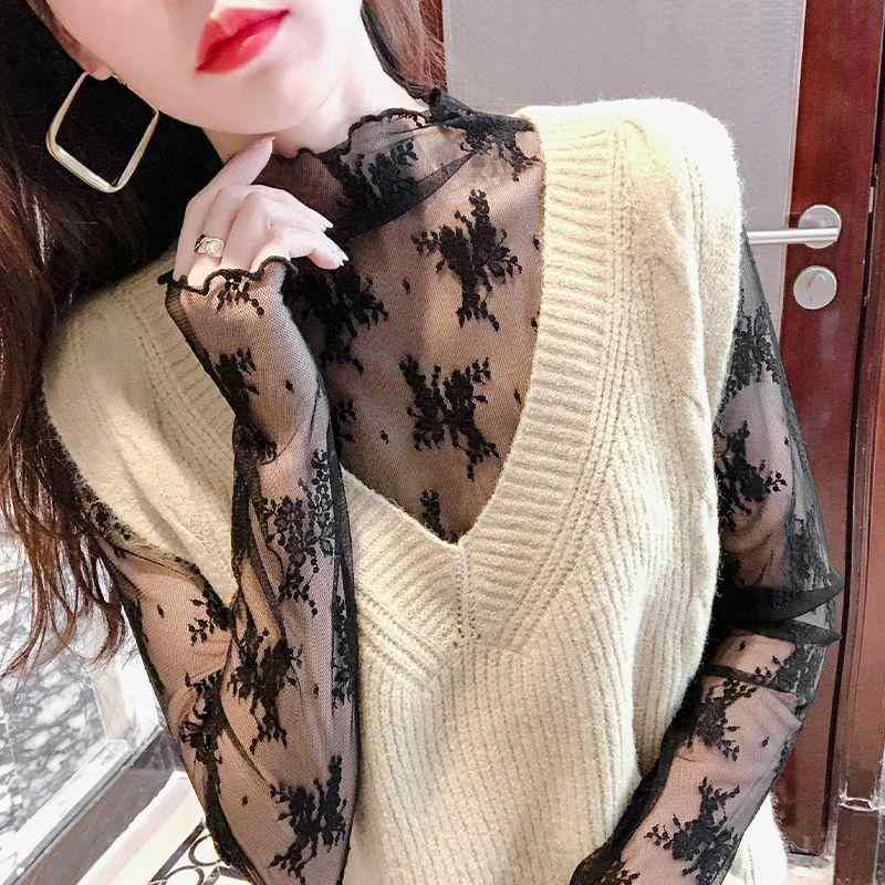 春 コーデ レディース ファッション オシャレ カワイイ シンプル きれいめ ナチュラル 上品カジュアル 婦人服 レース ブラウス Tシャツ 長袖 シースルー ハーフ タートル カラー トップス