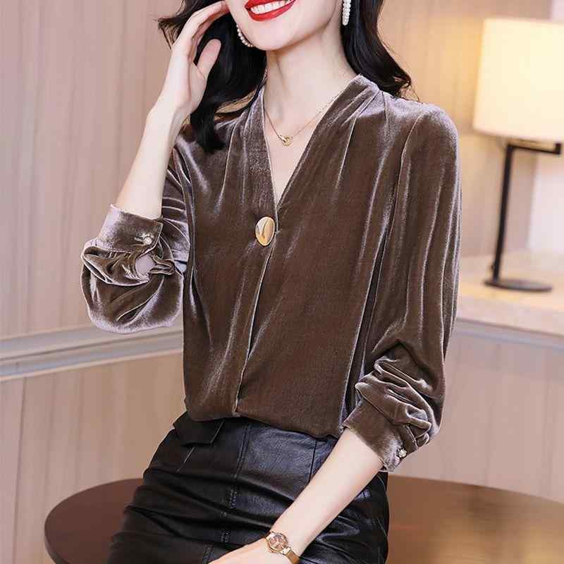 Other - 春 コーデ レディース ファッション オシャレ カワイイ シンプル きれいめ ナチュラル 上品カジュアル 婦人服 無地 Vネック ゴールド ベルベット シャツ ゆったり 長袖 トップス