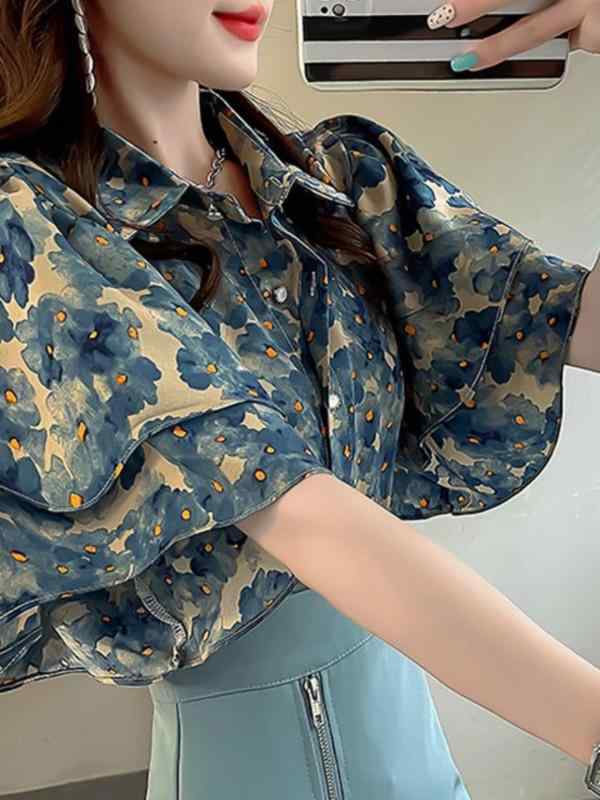 春 コーデ レディース ファッション オシャレ カワイイ シンプル きれいめ ナチュラル 上品カジュアル 婦人服 フリル 花柄 シフォンシャツ 半袖 夏 快適 シャツ スリム トップス
