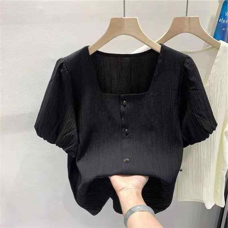 春 コーデ レディース ファッション オシャレ カワイイ シンプル きれいめ ナチュラル 上品カジュアル 婦人服 夏 黒 スクエアネック 半袖 シフォンシャツ スリム トップス