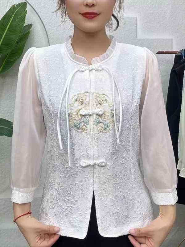 Rakuten - 春 コーデ レディース ファッション オシャレ カワイイ シンプル きれいめ ナチュラル 上品カジュアル 婦人服 シフォンシャツ 夏 スリム トップス ジャカード ディスクボタン シャツ