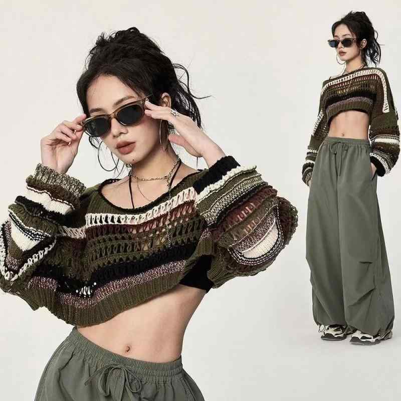 春 コーデ レディース ファッション オシャレ カワイイ シンプル きれいめ ナチュラル 上品カジュアル 婦人服 ストライプ カラー ブロック ブラウス ストリート セーター トップス(4.0)