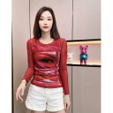 春 コーデ レディース ファッション オシャレ カワイイ シンプル きれいめ ナチュラル 上品カジュアル 婦人服 ラウンドネック プリント 長袖 Tシャツ スリムフィット ストレッチ シースルー メッシュトップ