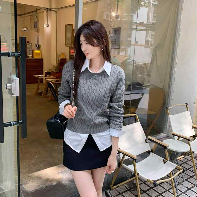 Rakuten - 春 コーデ レディース ファッション オシャレ カワイイ シンプル きれいめ ナチュラル 上品カジュアル 婦人服 ツイスト ラウンドネック 長袖 セーター ハイエンド ウエスト スリム トップス