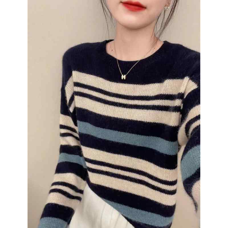 Rakuten - 春 コーデ レディース ファッション オシャレ カワイイ シンプル きれいめ ナチュラル 上品カジュアル 婦人服 ニット ストライプ ラウンドネック カラー ブロック セーター スリム カジュアル ウエスタンスタイル トップス