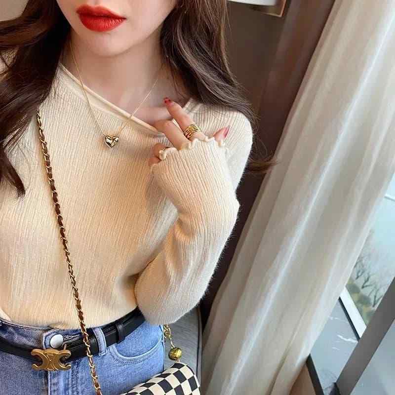 春 コーデ レディース ファッション オシャレ カワイイ シンプル きれいめ ナチュラル 上品カジュアル 婦人服 ラウンドネック 無地 長袖 ニット セーター カジュアル シンプル トップス