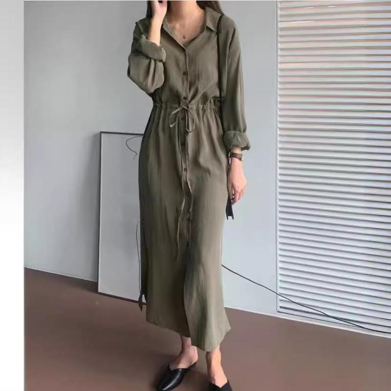 春 コーデ レディース ファッション オシャレ カワイイ シンプル きれいめ ナチュラル 上品カジュアル 婦人服 ウエスト ロープ スリム クラシック シャツ ドレス ミドル