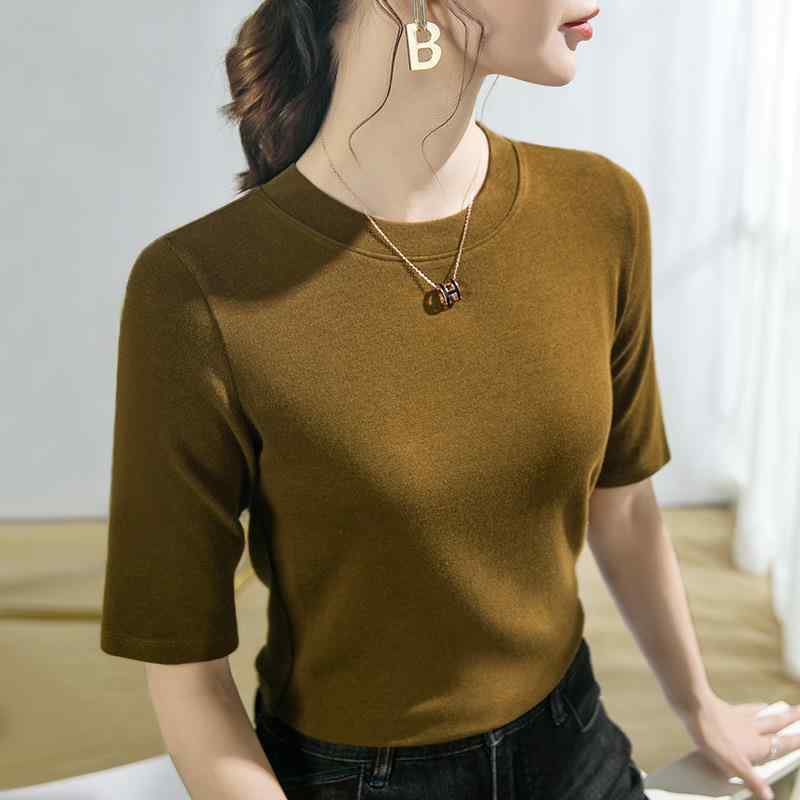 春 コーデ レディース ファッション オシャレ カワイイ シンプル きれいめ ナチュラル 上品カジュアル 婦人服 モーダル コットン トップス ラウンドネック 薄手 ベルベット シャツ インナー 半袖 T スリムフィット