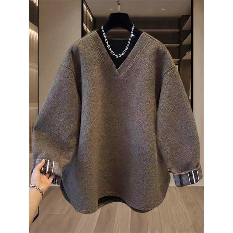 春 コーデ レディース ファッション オシャレ カワイイ シンプル きれいめ ナチュラル 上品カジュアル 婦人服 Vネック 無地 大きいサイズ ウール スウェットシャツ 防寒 トップス