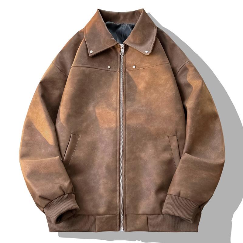 乐天商城 - 春 コーデ メンズ 用 服 シンプル ファッション オシャレ 大人 かっこいい 紳士服 PU レザージャケット アメリカン レトロ ブラウンレザー ジャケット ハイエンド スエード カップル