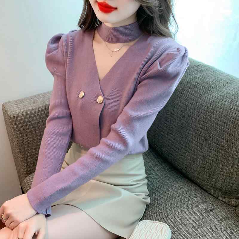 春 コーデ レディース ファッション オシャレ カワイイ シンプル きれいめ ナチュラル 上品カジュアル 婦人服 ハイエンド ホルターネック セーター 長袖 レイヤリング シャツ パフスリーブ スリムフィット