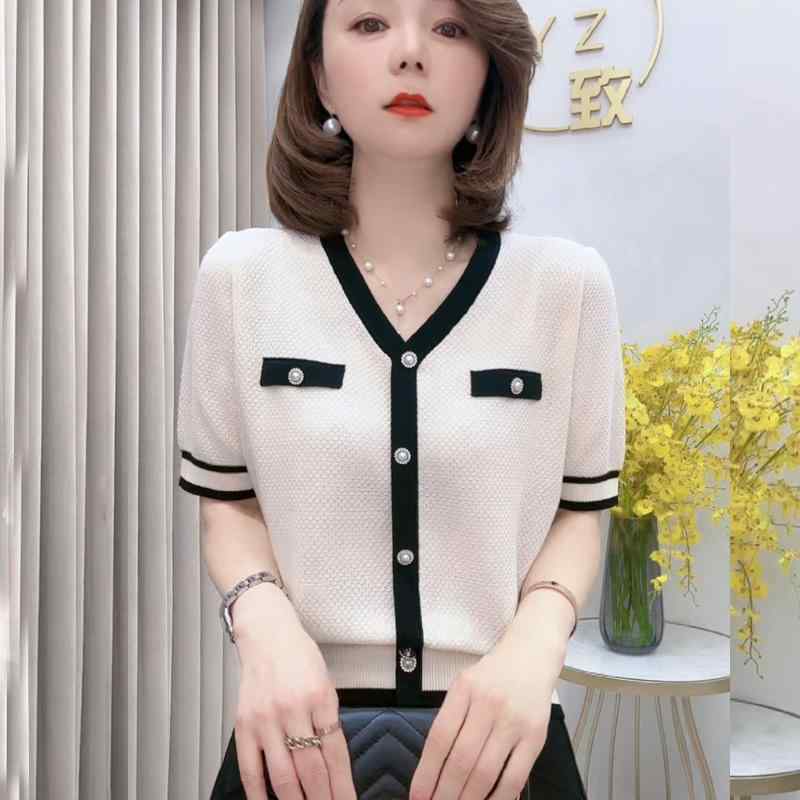 V-Neck - 春 コーデ レディース ファッション オシャレ カワイイ シンプル きれいめ ナチュラル 上品カジュアル 婦人服 Vネック テンセル 半袖 ニット セーター スリム トップス T