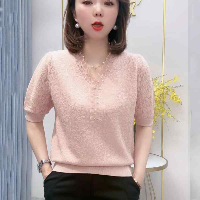 V-Neck - 春 コーデ レディース ファッション オシャレ カワイイ シンプル きれいめ ナチュラル 上品カジュアル 婦人服 Vネック ビーズ 半袖 ニット セーター パフスリーブ トップス T