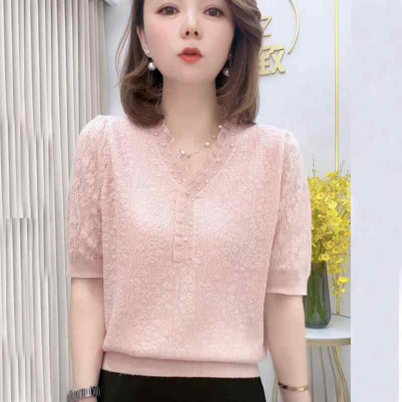 V-Neck - 春 コーデ レディース ファッション オシャレ カワイイ シンプル きれいめ ナチュラル 上品カジュアル 婦人服 Vネック ビーズ 半袖 ニット セーター スリーブ ハイエンド トップス T