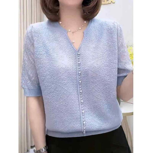 春 コーデ レディース ファッション オシャレ カワイイ シンプル きれいめ ナチュラル 上品カジュアル 婦人服 Vネック ビーズ 半袖 ニット セーター トップス T 春 コーデ レディース ファッション オシャレ カワイイ シンプル きれいめ ナチュラル 上品カジュアル 婦人服 Vネック ビーズ 半袖 ニット セーター トップス T