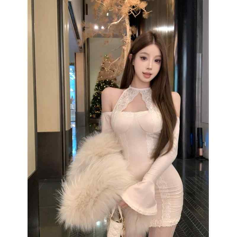 Rakuten - 春 コーデ レディース ファッション オシャレ カワイイ シンプル きれいめ ナチュラル 上品カジュアル 婦人服 フレンチ レース ステッチ ホルターネック ドレス スリーブ オフショルダー スリム ボトム スカート
