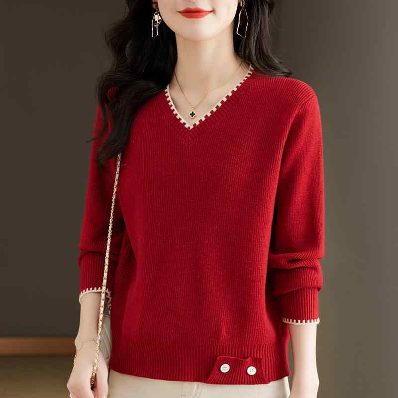 春 コーデ レディース ファッション オシャレ カワイイ シンプル きれいめ ナチュラル 上品カジュアル 婦人服 赤 Vネック セーター スタイリッシュ ニット レイヤリング シャツ