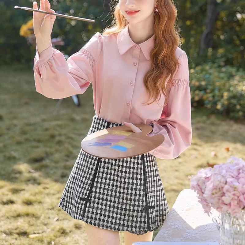 春 コーデ レディース ファッション オシャレ カワイイ シンプル きれいめ ナチュラル 上品カジュアル 婦人服 フレンチ風シック 長袖 シャツ パフスリーブ ゆったり スリムトップス