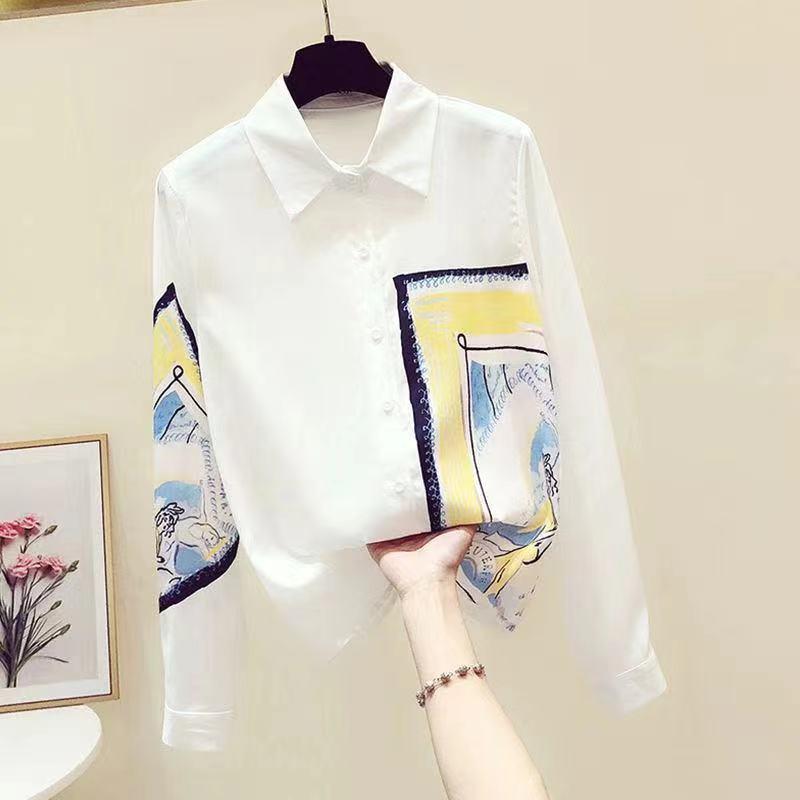 春 コーデ レディース ファッション オシャレ カワイイ シンプル きれいめ ナチュラル 上品カジュアル 婦人服 ホワイト シャツ 長袖 シフォン ハイエンド トップス(4.0)