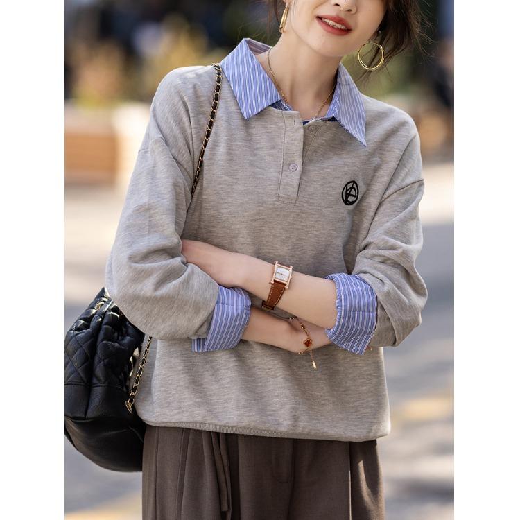 春 コーデ レディース ファッション オシャレ カワイイ シンプル きれいめ ナチュラル 上品カジュアル 婦人服 シャツ カラー 長袖 フェイク ツーピース グレー セーター トップス