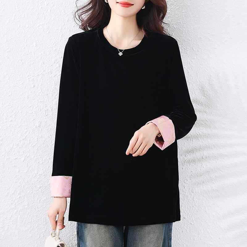 春 コーデ レディース ファッション オシャレ カワイイ シンプル きれいめ ナチュラル 上品カジュアル 婦人服 ベルベット Tシャツ 丸首 トップス 大きいサイズ