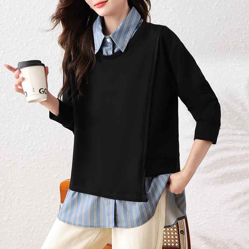 春 コーデ レディース ファッション オシャレ カワイイ シンプル きれいめ ナチュラル 上品カジュアル 婦人服 シャツ ストライプ フェイク ツーピース セーター ゆったり 長袖 トップス