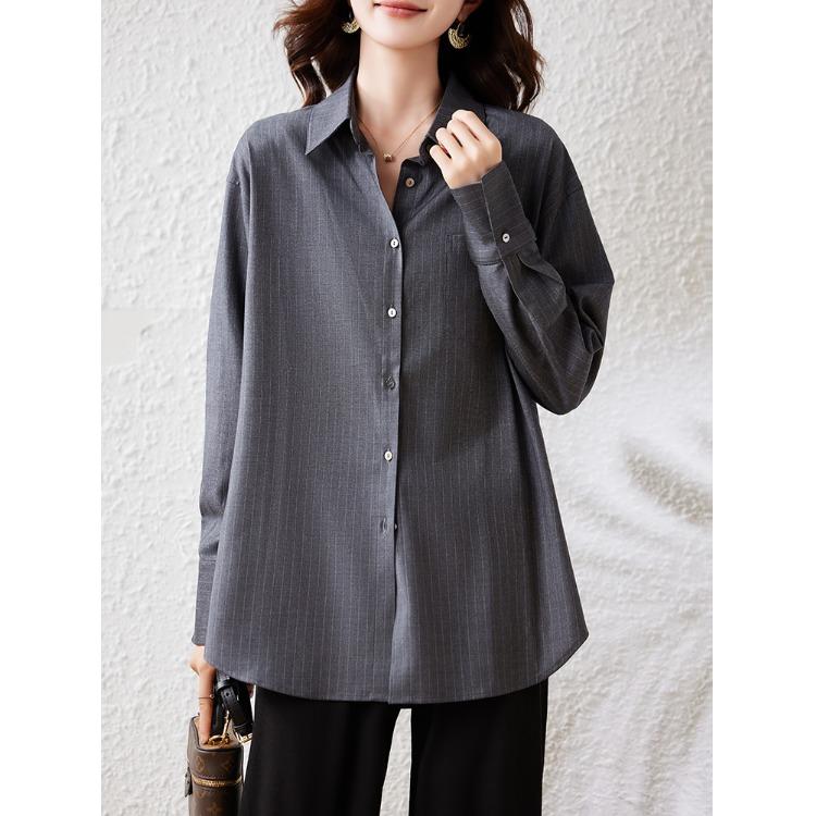 春 コーデ レディース ファッション オシャレ カワイイ シンプル きれいめ ナチュラル 上品カジュアル 婦人服 ハイエンド シャツ ストライプ ゆったり 通勤ウェア トップス
