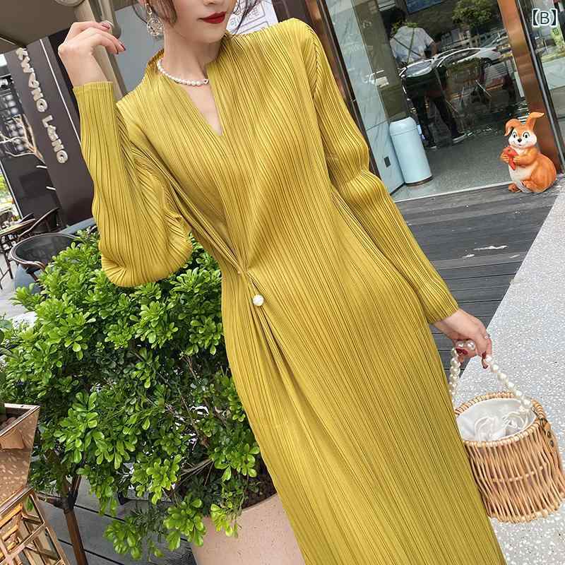 春 コーデ レディース ファッション オシャレ カワイイ シンプル きれいめ ナチュラル 上品カジュアル 婦人服 ハイエンド プリーツ ドレス 長袖 シンプル Vネック Aライン ストレート ボトム ロング スカート