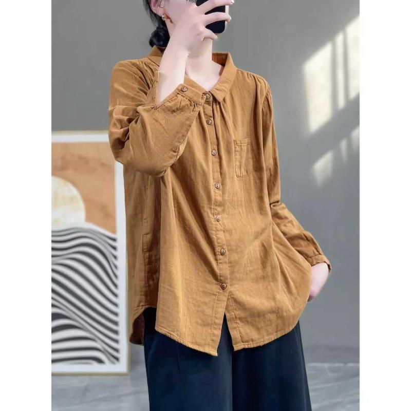 Long-Sleeved - 春 コーデ レディース ファッション オシャレ カワイイ シンプル きれいめ ナチュラル 上品カジュアル 婦人服 クラシック プリーツ コットンリネン シャツ ゆったり 無地 長袖