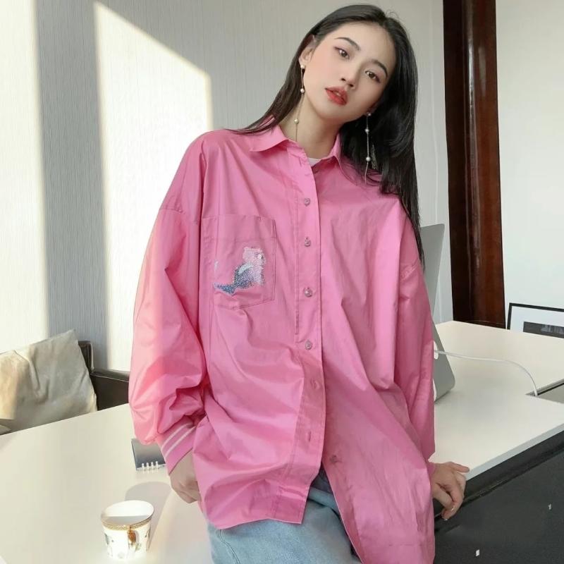 Long-Sleeved - 春 コーデ レディース ファッション オシャレ カワイイ シンプル きれいめ ナチュラル 上品カジュアル 婦人服 ゆったり スタッズ ミディアム丈 長袖 シャツ