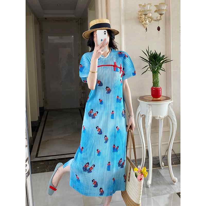 春 コーデ レディース ファッション オシャレ カワイイ シンプル きれいめ ナチュラル 上品カジュアル 婦人服 プリーツ プリント ワンピース 夏 大きいサイズ ゆったり スリム チャイナドレス ロング スカート