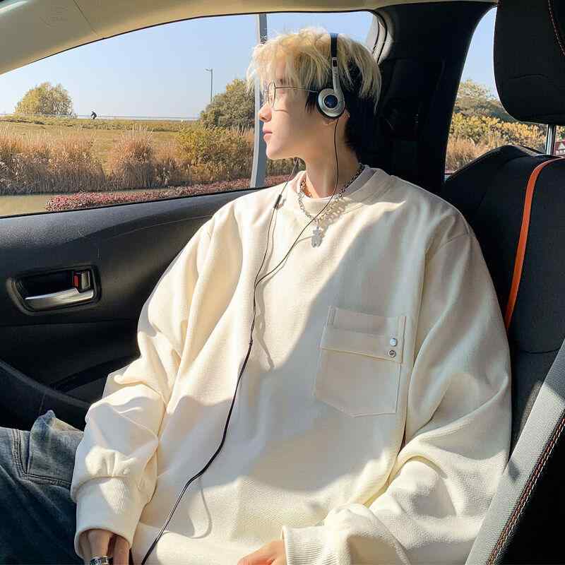 春 コーデ メンズ 用 服 シンプル ファッション 大人 紳士服 アメリカン 大きいサイズ ラウンドネック オフ ホワイト 春 スウェットシャツ カジュアル 通勤スタイル 重ね着コーデ ゆったりシルエット さらっと着 普段使い