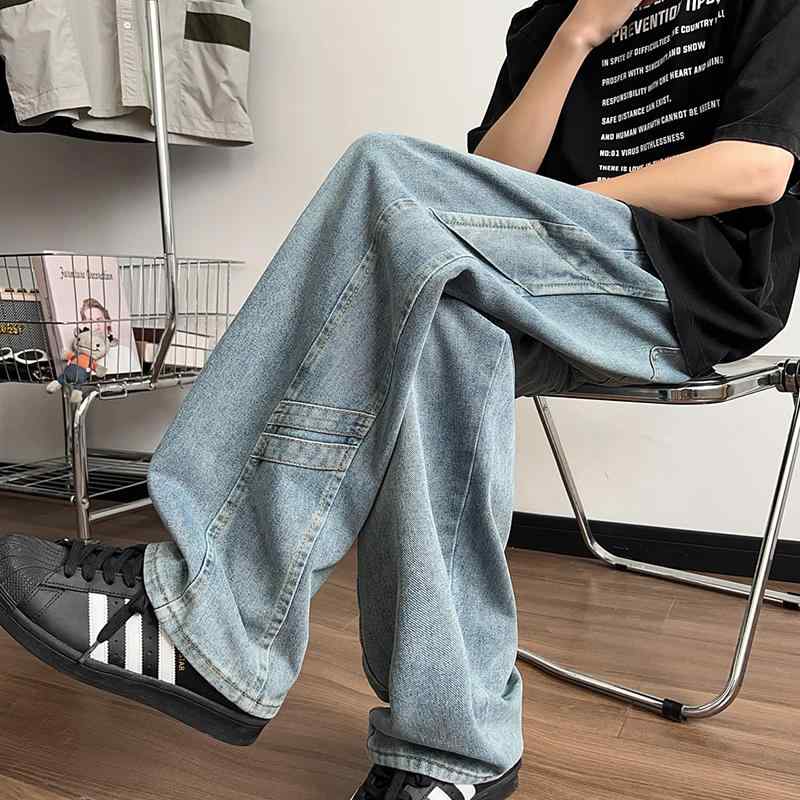 Rakuten - 春 コーデ メンズ 用 服 シンプル 大人 紳士服 アメリカン ストリート ストレート ワイド ジーンズ パンツ ドローストリング 春 カジュアル 通勤スタイル 重ね着コーデ ゆったりシルエット 快適フィット 動きやすい デイリー
