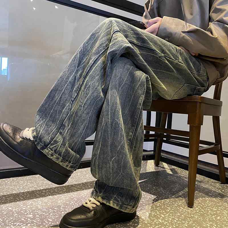 春 コーデ メンズ 用 服 シンプル ファッション オシャレ 大人 紳士服 アメリカン ストレート ワイド ジーンズ パンツ ライトニング 春 カジュアル 通勤スタイル 重ね着コーデ ゆったりシルエット 快適フィット 動きやすい デイリー