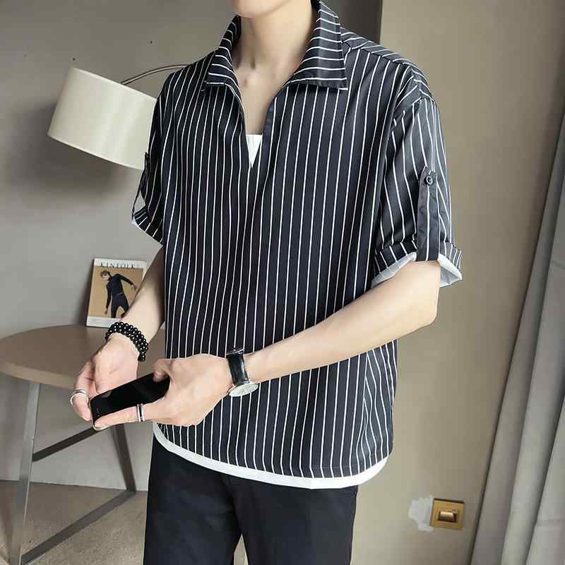 春 コーデ メンズ 用 服 シンプル ファッション オシャレ 大人 かっこいい 紳士服 半袖 快適 Vネック シャツ ストライプ 夏 ポロシャツ カジュアル 通勤スタイル 重ね着コーデ ゆったりシルエット さらっと着 普段使い(4)