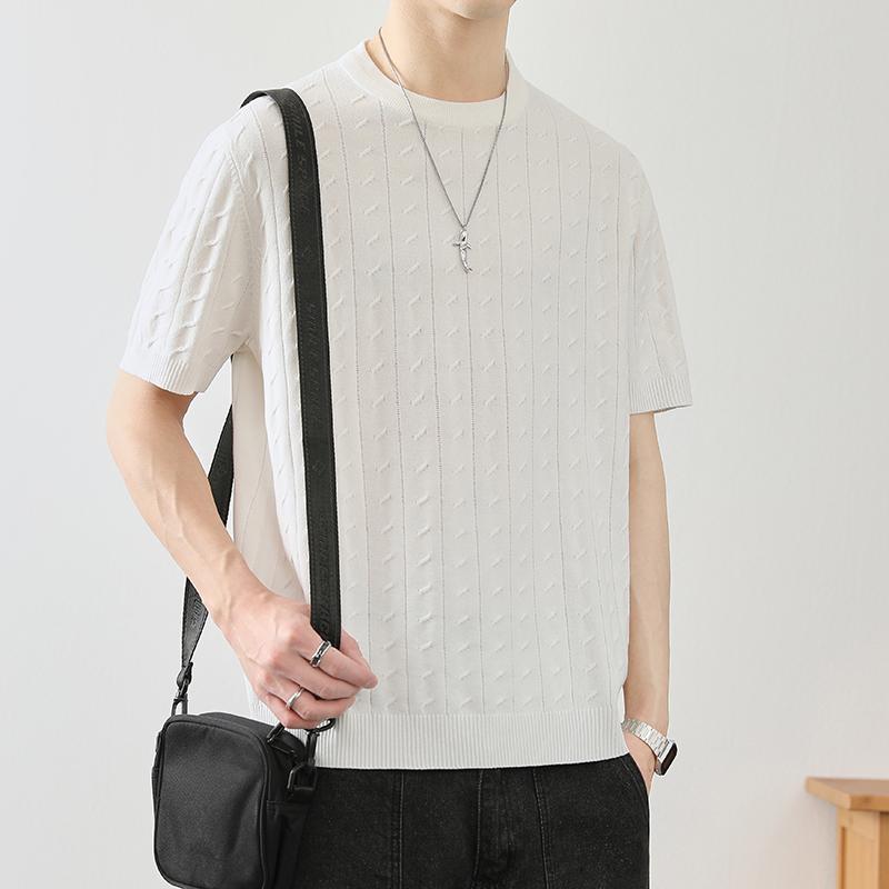 春 コーデ メンズ 用 服 シンプル ファッション オシャレ 大人 かっこいい 紳士服 半袖 通気性 ニット シャツ ラウンドネック 無地 夏 カジュアル 通勤スタイル 重ね着コーデ ゆったりシルエット さらっと着 普段使い