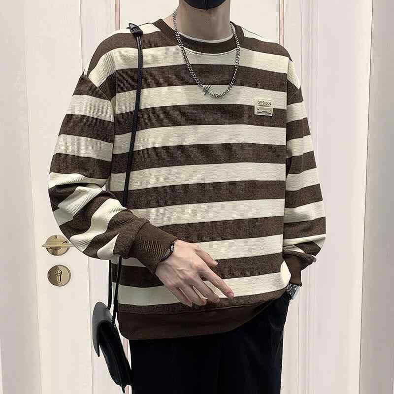 春 コーデ メンズ 用 服 シンプル ファッション オシャレ 大人 かっこいい 紳士服 長袖 ラウンドネック ストライプ 春 秋 スウェットシャツ カジュアル 通勤スタイル 重ね着コーデ ゆったりシルエット さらっと着 普段使い