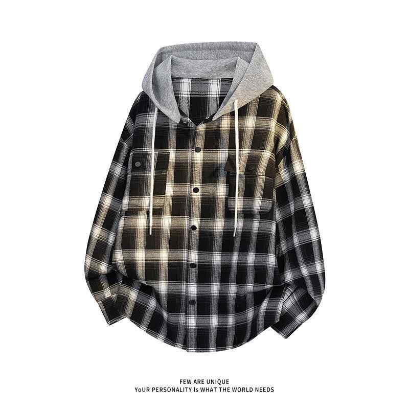 春 コーデ メンズ 用 服 シンプル ファッション オシャレ 大人 紳士服 アメリカン 長袖 フード付き チェック シャツ ジャケット カーディガン 白 ユニセックス 春 カジュアル 通勤スタイル 重ね着コーデ ゆったりシルエット 軽アウター