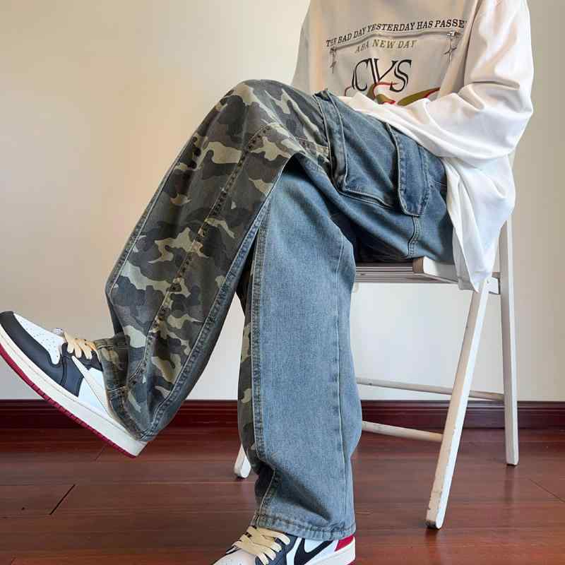 春 コーデ メンズ 用 服 シンプル ファッション 大人 紳士服 アメリカン ストレート 迷彩 ジーンズ パ..