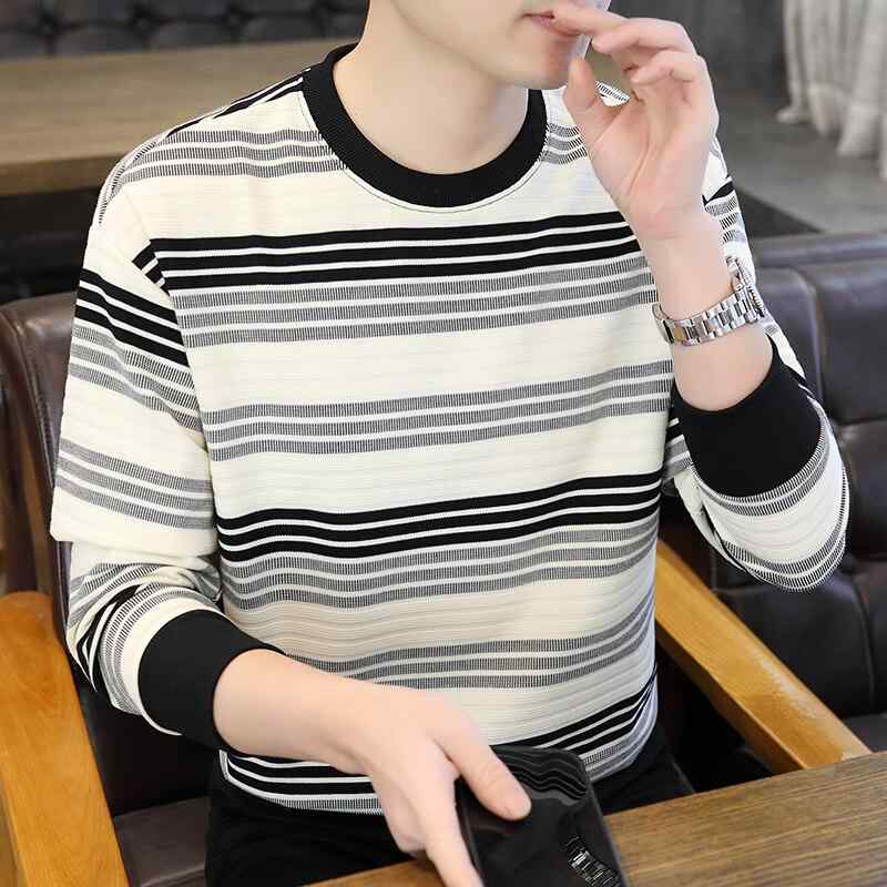 春 コーデ メンズ 用 服 シンプル ファッション オシャレ 大人 紳士服 カジュアル 長袖 ラウンドネック ストライプ 春秋 スウェットシ..