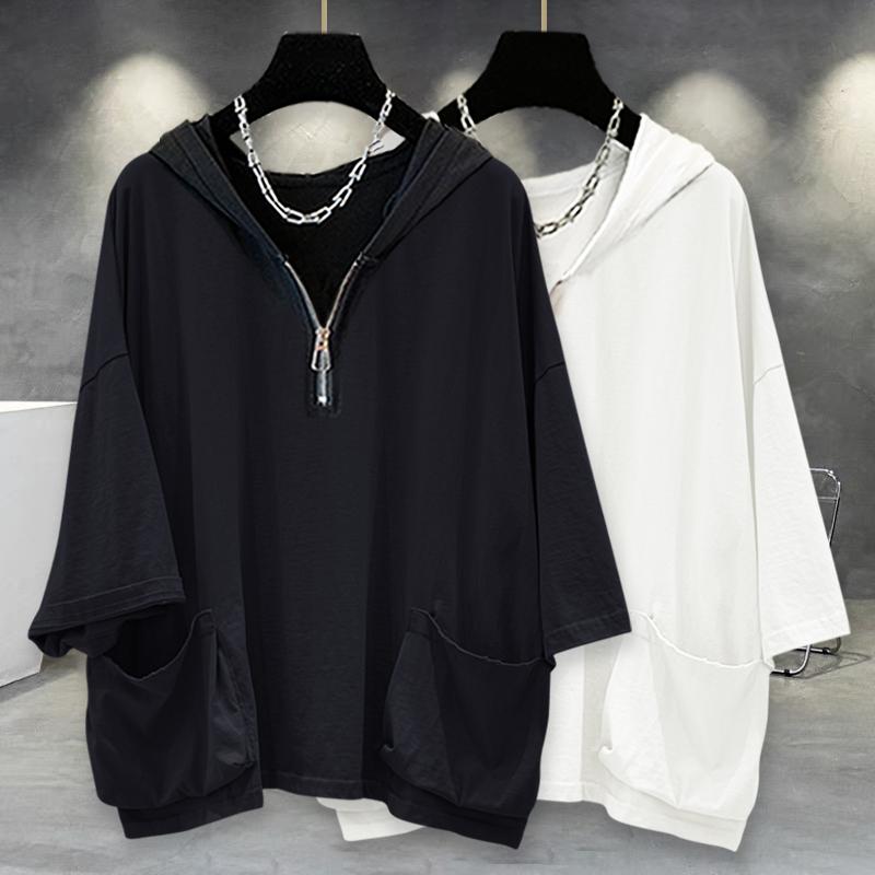 春 コーデ メンズ 用 服 シンプル ファッション オシャレ 大人 かっこいい 紳士服 ゆったり 半袖 ポケット フード付き シャツ 無地 ジッパー 夏 カジュアル 通勤スタイル 重ね着コーデ ゆったりシルエット さらっと着 普段使い