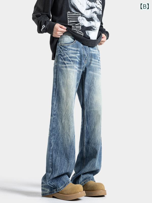 春 コーデ メンズ 用 服 シンプル 大人 紳士服 アメリカン ストレート フレア ジーンズ パンツ ライトニング 男女兼用 春秋 カジュアル 通勤スタイル 重ね着コーデ ゆったりシルエット 快適フィット 動きやすい デイリー