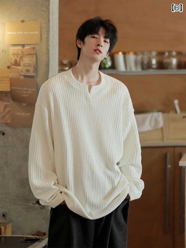 春 コーデ メンズ 用 服 シンプル ファッション オシャレ 大人 かっこいい 紳士服 ストレート スリム 長袖 Vネック シャツ 白 スウェットシャツ カジュアル 通勤スタイル 重ね着コーデ ゆったりシルエット さらっと着 普段使い