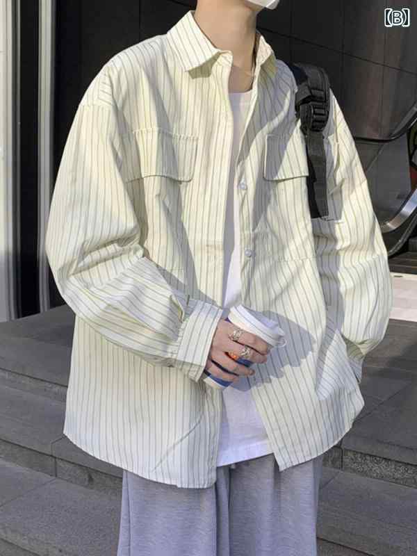 春 コーデ メンズ 用 服 シンプル ファッション オシャレ 大人 かっこいい 紳士服 長袖 ジャケット グリーン 春 ストライプシャツ カジュアル 通勤スタイル 重ね着コーデ ゆったりシルエット 軽アウター